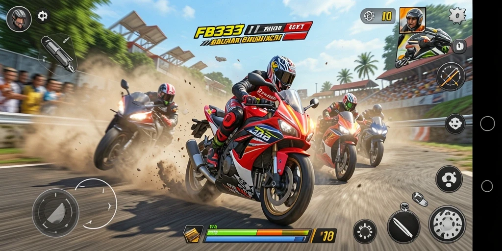 Gameplay seru FB333 dengan balapan motor yang mendebarkan.