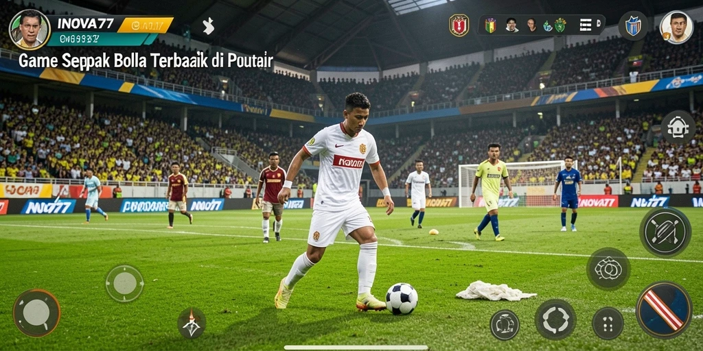 Tangkapan layar utama INOVA77 menampilkan permainan sepak bola yang penuh aksi.